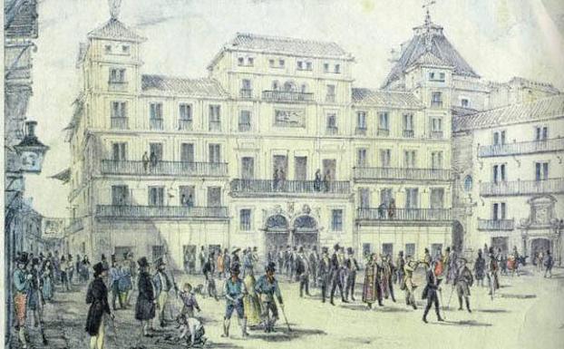  Plaza de las Cuatro Calles. Grabado de M. de Mesa (1839) de la que hoy es la plaza de la Constitución, donde se aplicaban los correctivos a los borrachos apresados.