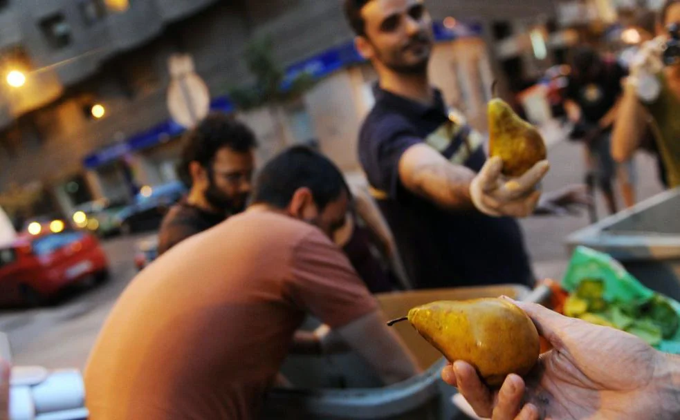 Un grupo de activistas recuperan en Madrid frutas en perfecto estado arrojadas al contenedor de la basura. 