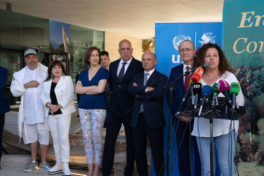 Uno de los laterales del Aula del Mar se ha convertido en una improvisada pasarela de moda por la que han desfilado una decena de creaciones impulsadas por Manu Fernández, presidente de Fashion Art, y el artista plástico submarino Alfonso Cruz