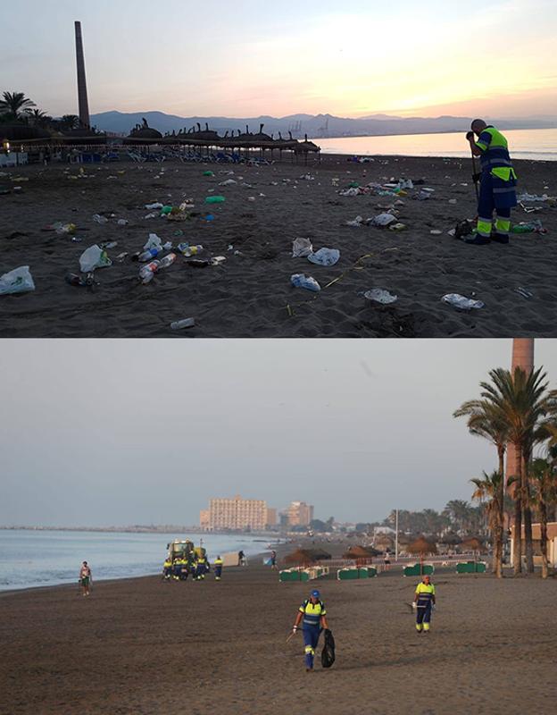 Imagen de la playa de la Misericordia, antes y después del trabajo de los operarios de Limasa a priemra hora de este lunes.