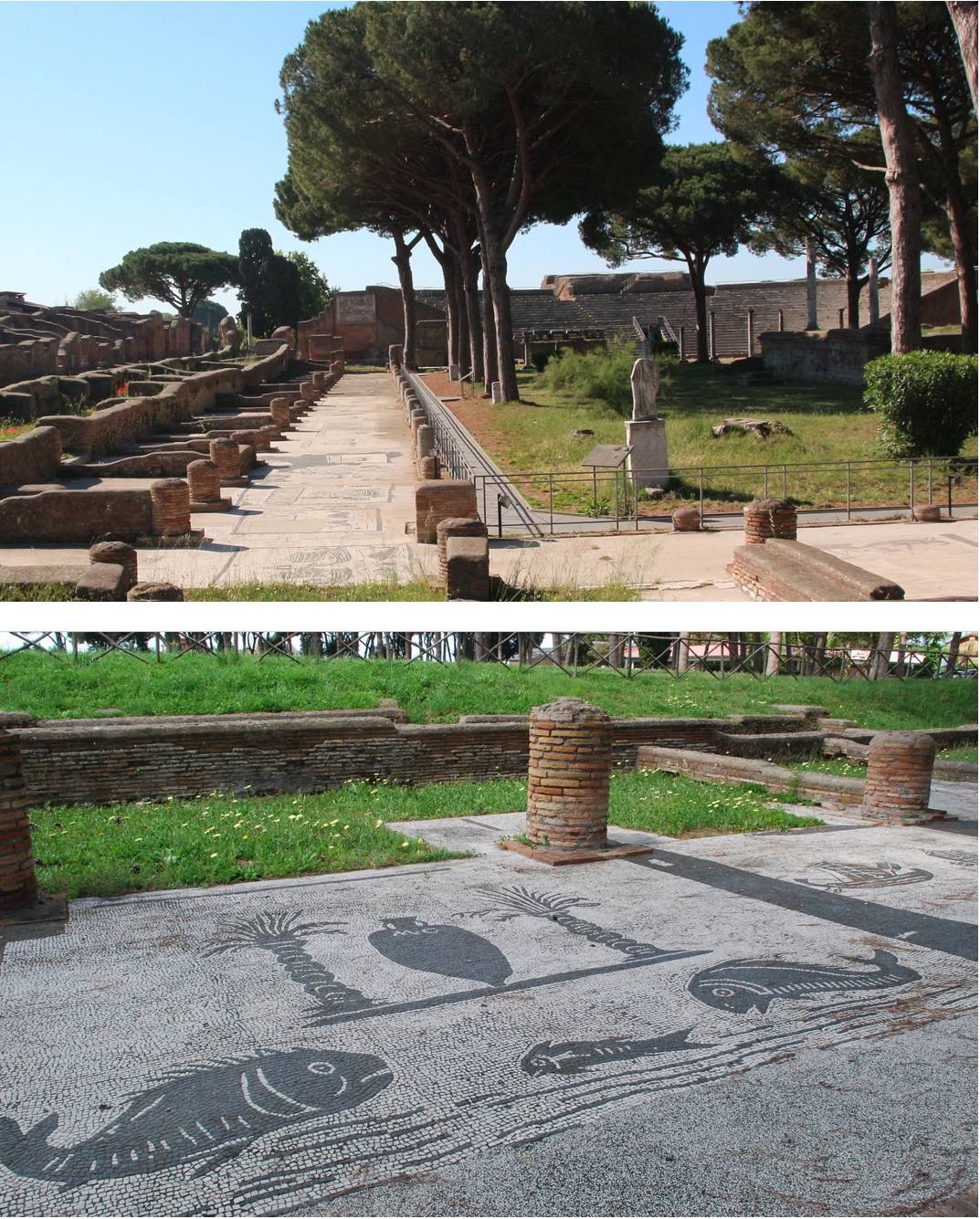 El «Piazzale delle Corporazioni» de Ostia y detalle del mosaico de una de las oficinas comerciales.