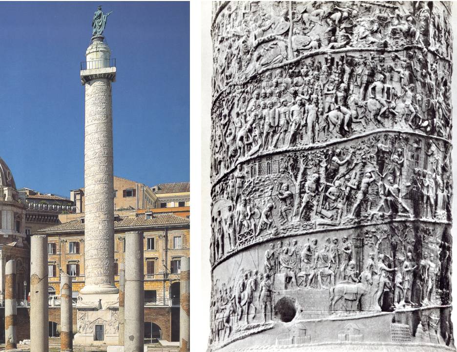 Roma. Columna del Foro de Trajano con relieves en espiral que describen la conquista de la Dacia. 