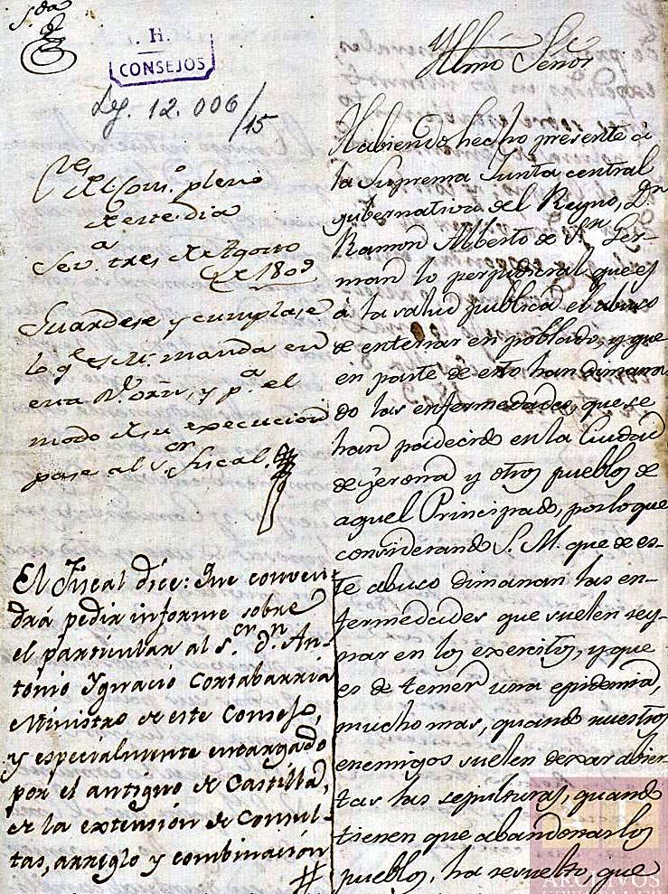 Real orden obligando a construir cementerios y prohibiendo enterrar en poblado en 1809.