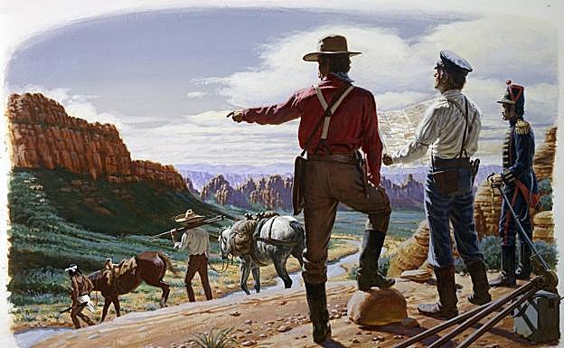 Nueva frontera. Esta pintura reproduce los trabajos de unos topógrafos trazando el territorio de lo que ahora es Arizon y de Nuevo México, adquiridos en el tratado de Gadsden, de 1853. 