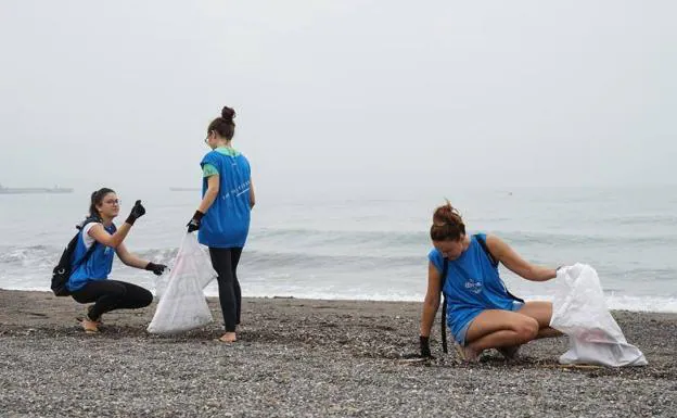 Imagen principal - Una treintena de voluntarios se congrega en la Misericordia para limpiar la playa