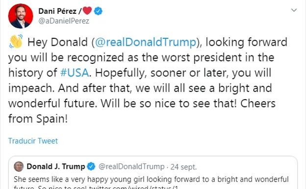 El tuit que Dani Pérez le manda a Donald Trump.