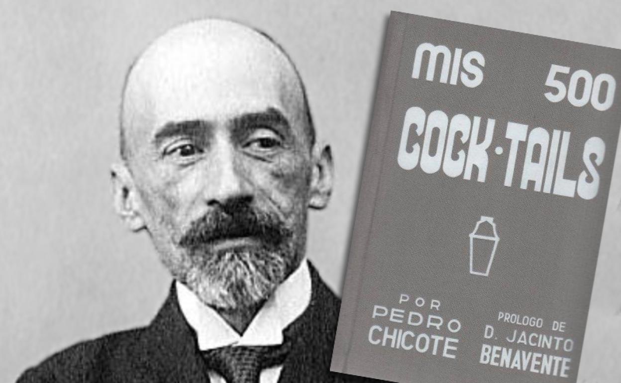 Jacinto Benavente y portada del libro 'Mis 500 cock-tails', de 1932.