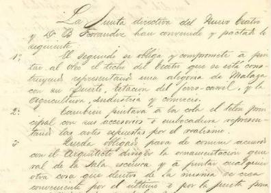 Imagen secundaria 1 - Arriba, diseño original del Teatro Cervantes por Gerónimo Cuervo en 1869. Abajo, dos fragmentos del contrato firmado por Bernardo Ferrándiz para pintar el techo y el telón de boca. 