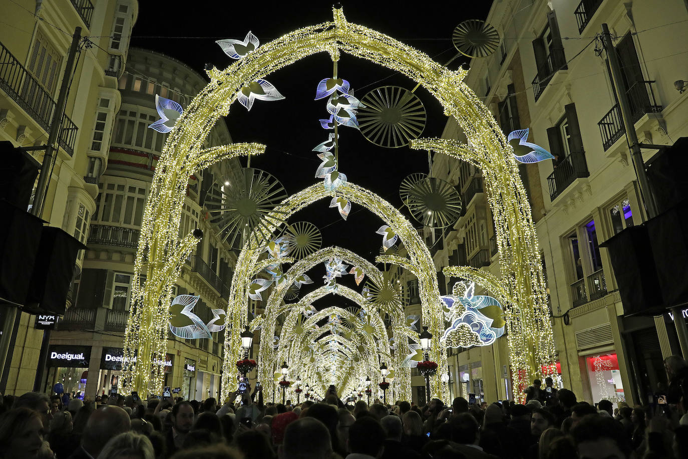 Durante los 40 días que duren los fastos navideños, la calle Larios se transformará en un bosque lleno de hojas y soles