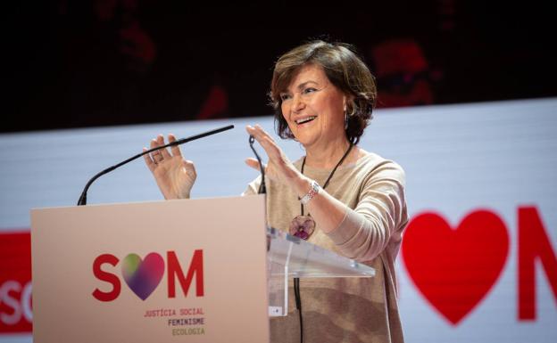 La vicepresidenta del Gobierno en funciones, Carmen Calvo, en su intervención este sábado en el congreso del PSC.