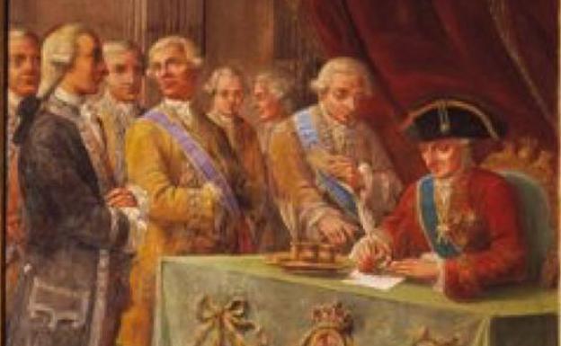 José́ de Gálvez, a la derecha de Carlos III, en la firma de la creación de la Compañía de Filipinas.