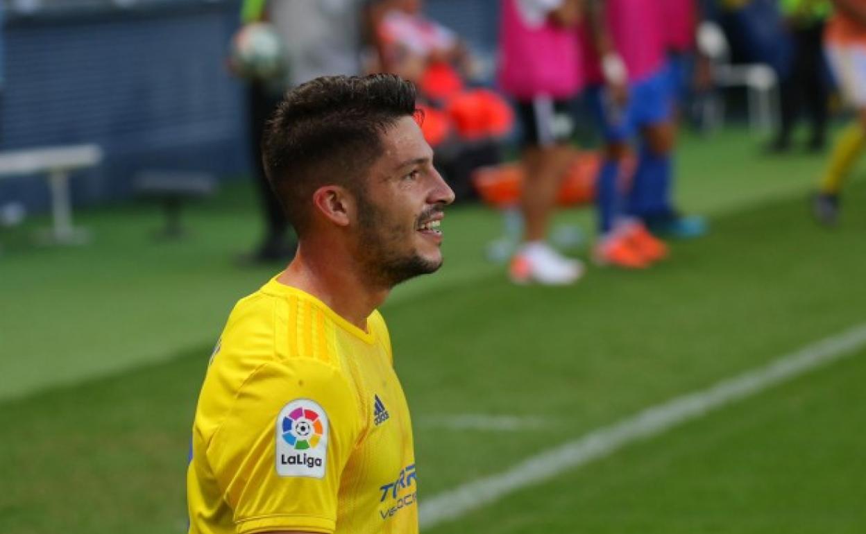 Caye Quintana celebra el gol que marcó en Málaga.