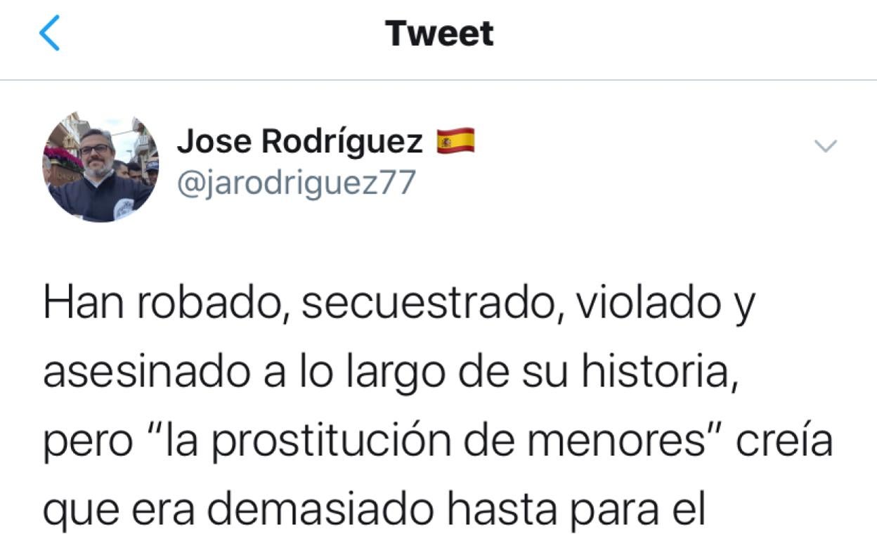 Imagen del tuit publicado por el edil de Vox en Rincón de la Victoria. 