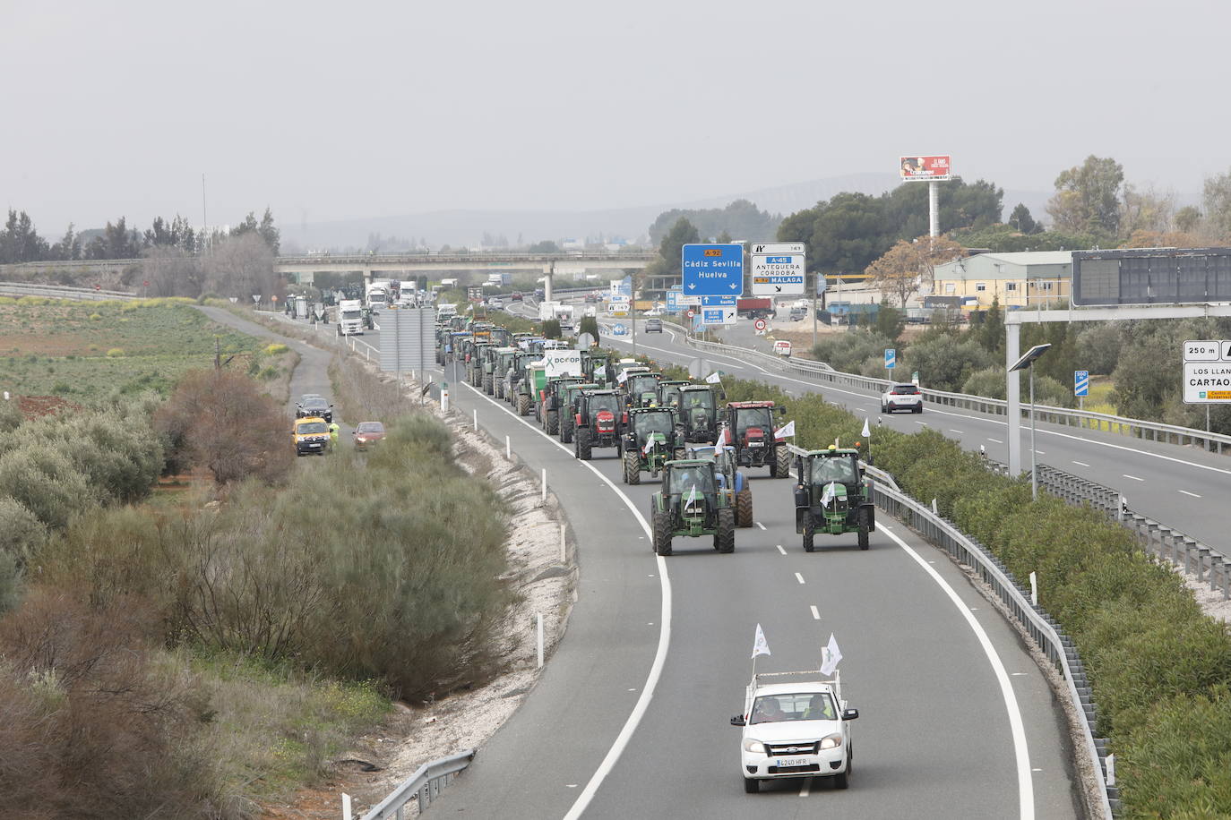 Las manifestaciones de agricultores y ganaderos que están recorriendo España desde el pasado mes de enero para protestar contra los bajos precios del aceite de oliva y de los productos hortofrutícolas han llegado a la provincia con una gran tractorada en el municipio de Antequera.