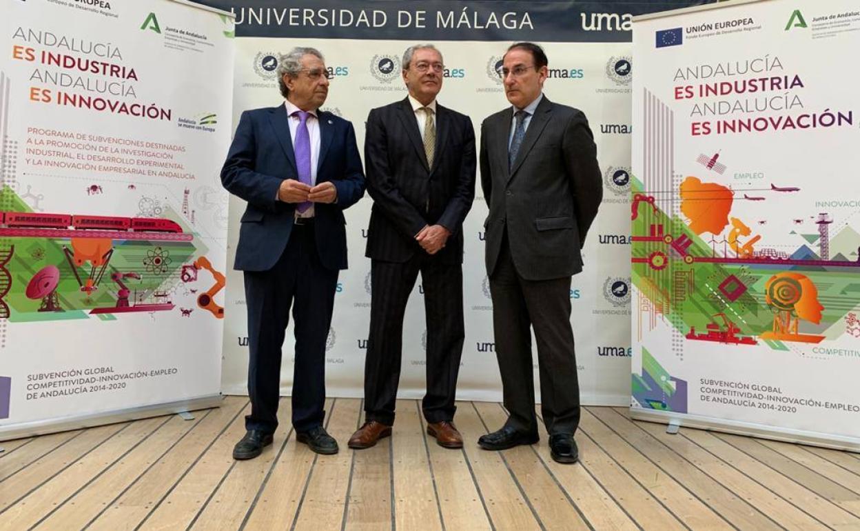 El rector de la UMA, el consejero de Economía y el presidente de la CEA han presentado hoy en Málaga las nuevas ayudas de la Agencia IDEA. 
