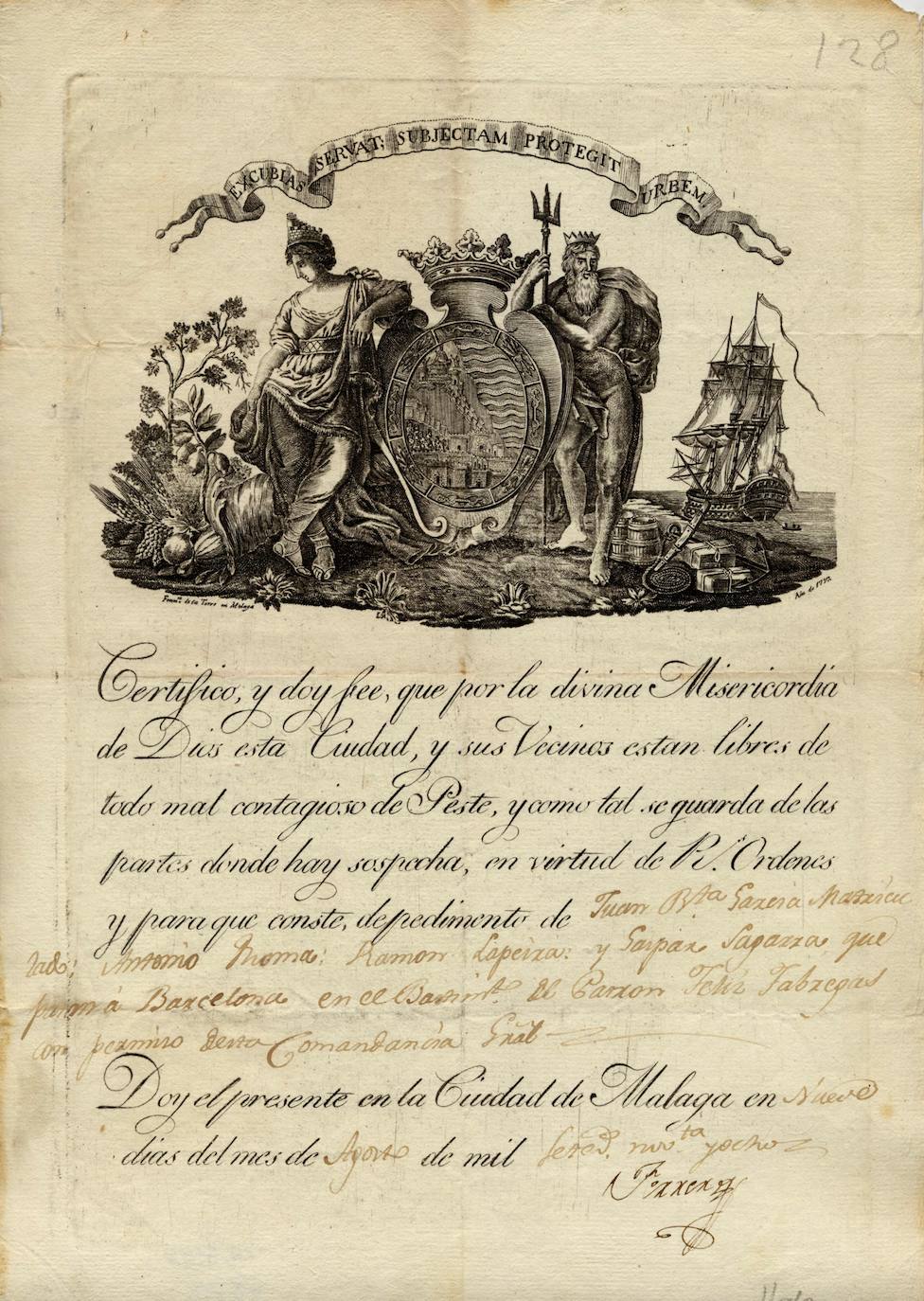 Certificado de que Málaga está libre de «todo mal contagioso de peste» (1798). 