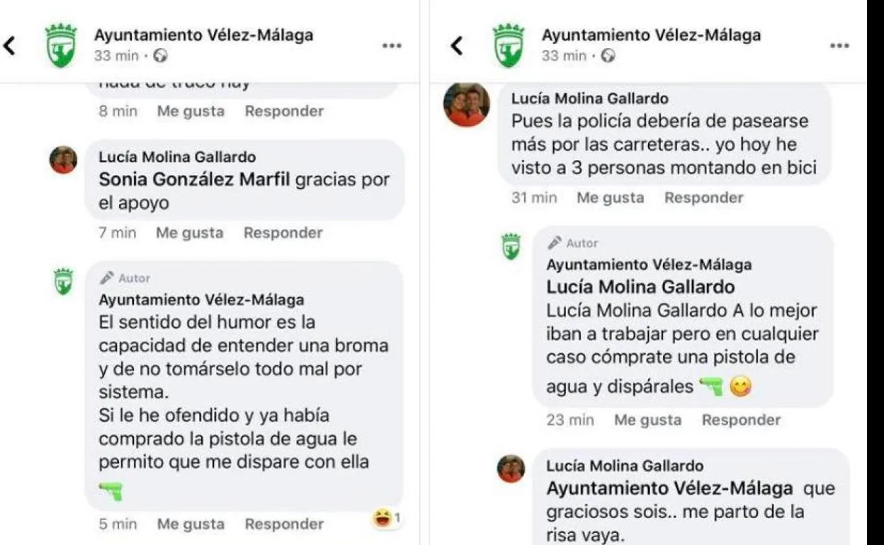 Capturas de las dos respuestas realizadas por el perfil en Facebook del Ayuntamiento veleño. 