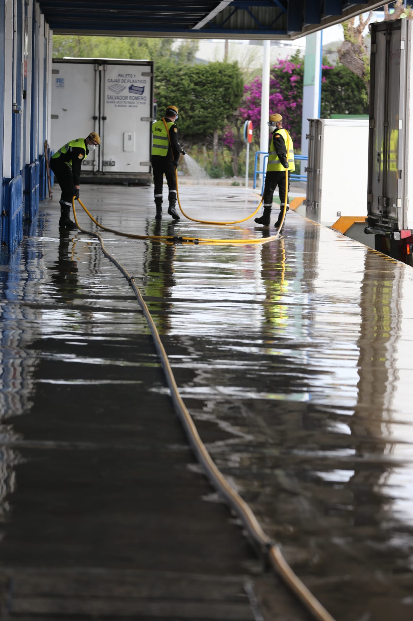 El estado de alarma deja estampas inéditas. En la imagen efectivos del UME y bomberos en Mercamálaga