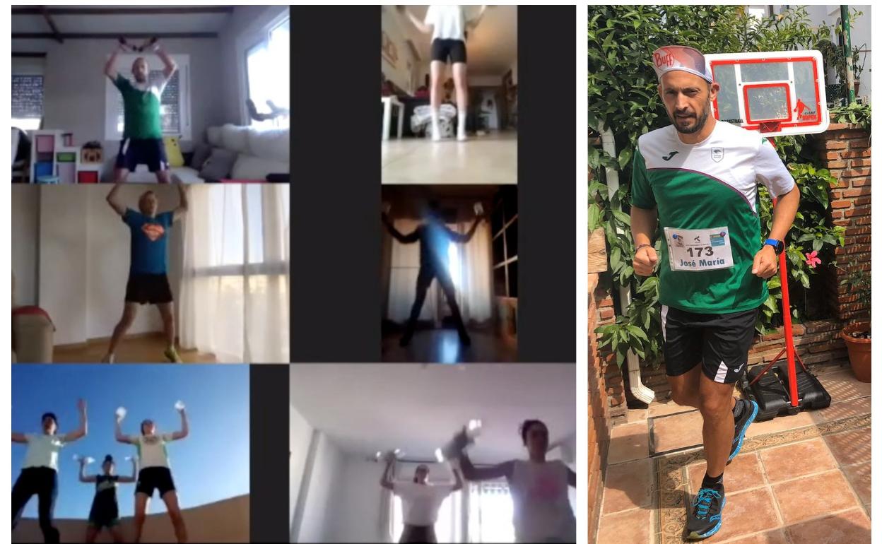 A la izquierda, una sesión virtual con la plantilla; a la derecha, Sánchez-Cervi corriendo en casa.