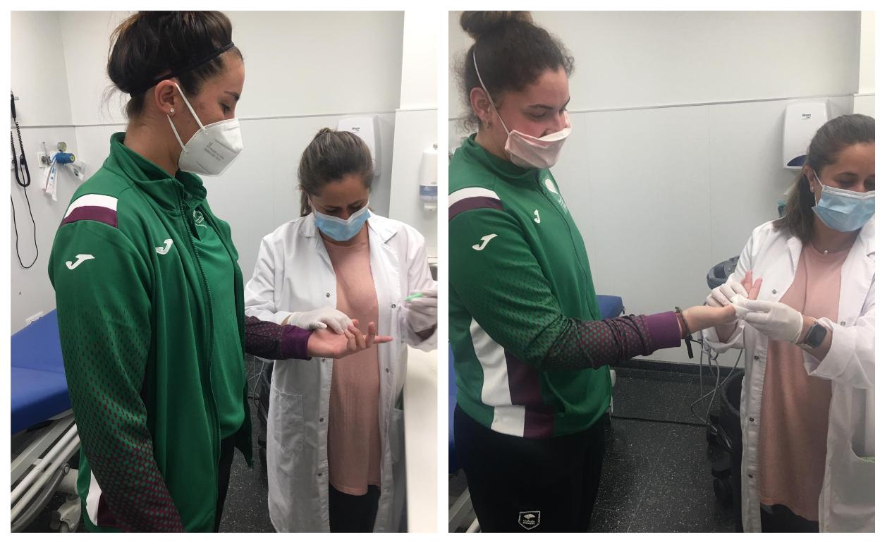 Ángela Rodríguez y Claudia Alonso, pasando el test este miércoles en el Hospital Quirón Salud. 