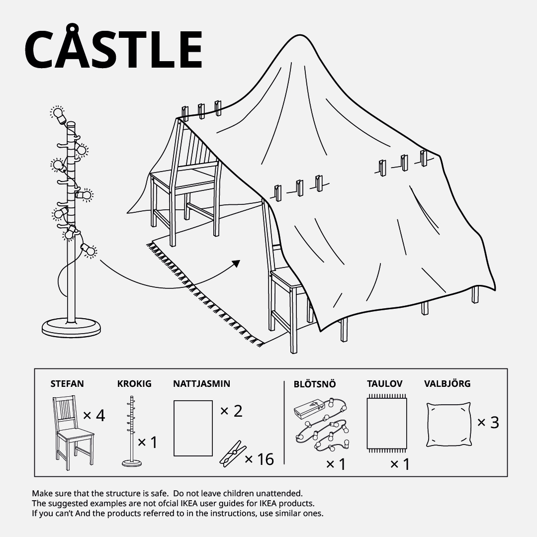 Para hacer el castillo se necesitan cuatro sillas, un perchero, dos mantas y 16 pinzas de la ropa.