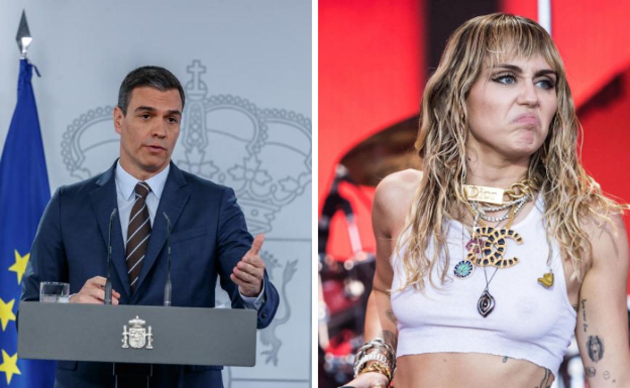 El presidente del Gobierno, Pedro Sánchez (izq), y la cantante Miley Cyrus (dcha) 