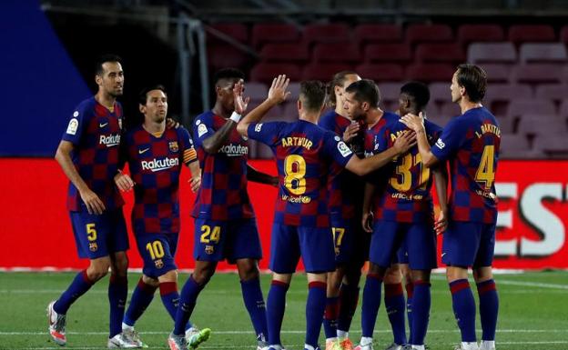 Los jugadores del Barça celebran el gol de Ansu Fati al Leganés. 