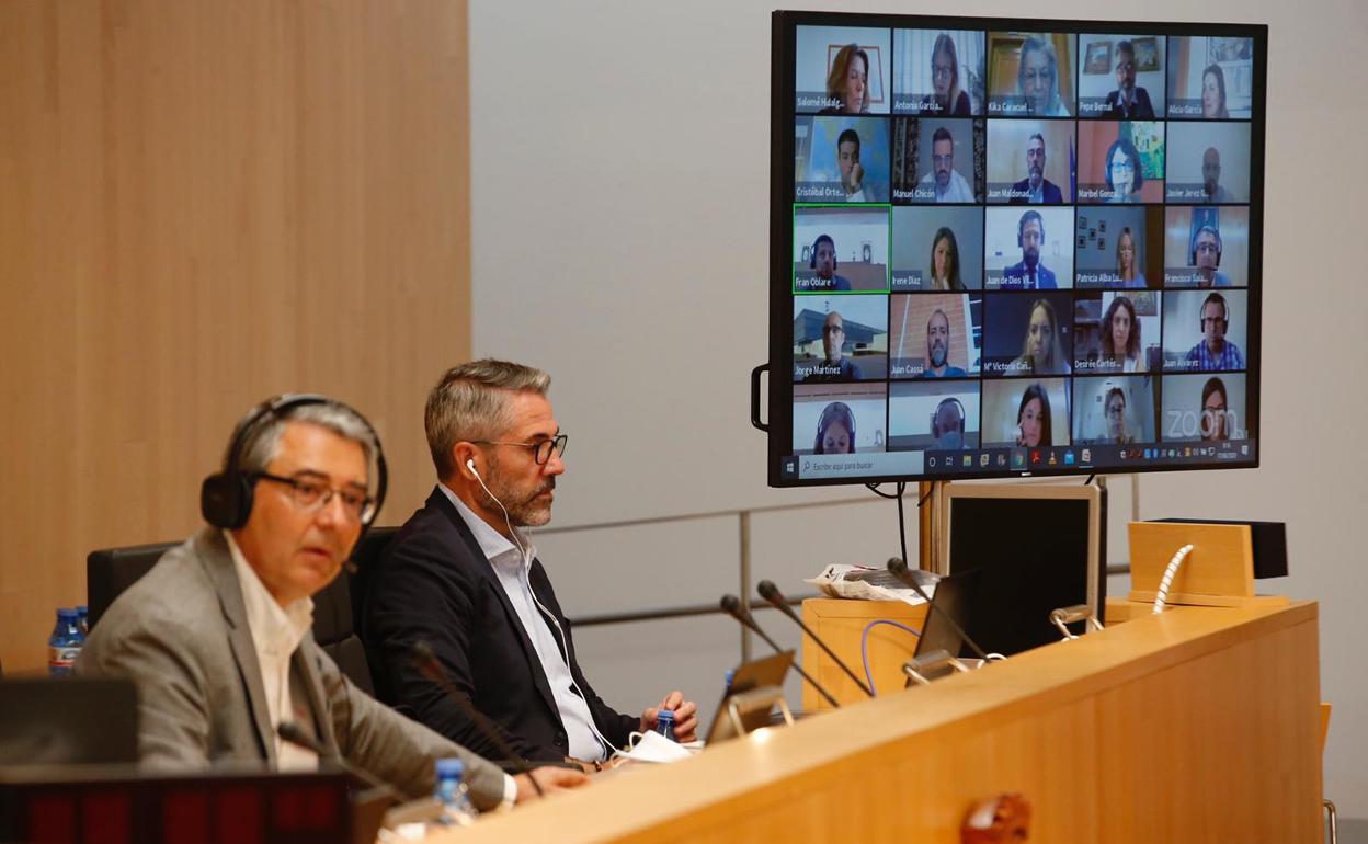 Francisco Salado y Juan Carlos Maldonado, en el salón de plenos, durante la sesión telemática.