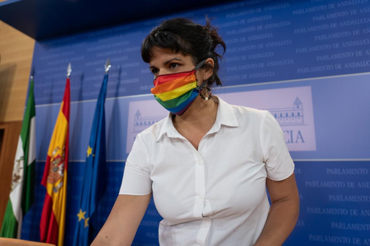 Teresa Rodríguez, el martes en su primera comparecencia en el Parlamento tras los meses de pandemia. e. p.