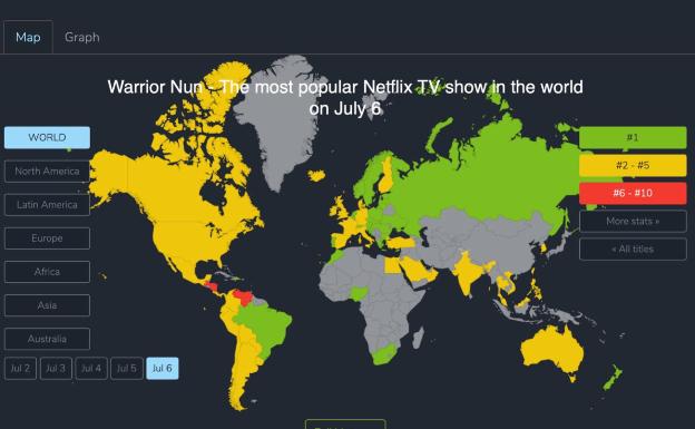 Mapa del visionado de la serie 'La monja guerrera' en los abonados de Netflix, en la jornada de ayer. 