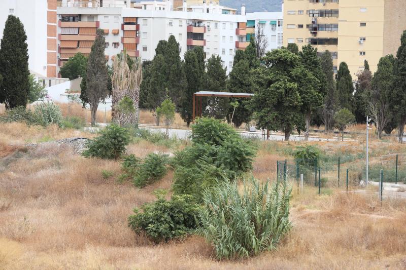 Maleza seca y basuras invaden la zona en la que se proyecta un parque y que en la actualidad se encuentra sin terminar y abandonada tras seis años de obras que necesitan una nueva inyección de tres millones de euros para acabarse.