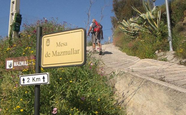 Imagen principal - Arriba, inicio de la ruta en Los Ventorros. Abajo, después del carril asfaltado se pasa a un camino de tierra, y, a la derecha, antes de llegar a la cima se atraviesa un bosque mediterráneo.