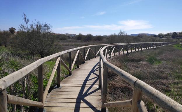 Imagen principal - Arriba, pasarela de madera que cruza parte del humedal. Abajo, indicaciones del sendero, y, a la derecha, la zona del entorno suele estar cultivada con cereales o leguminosas.