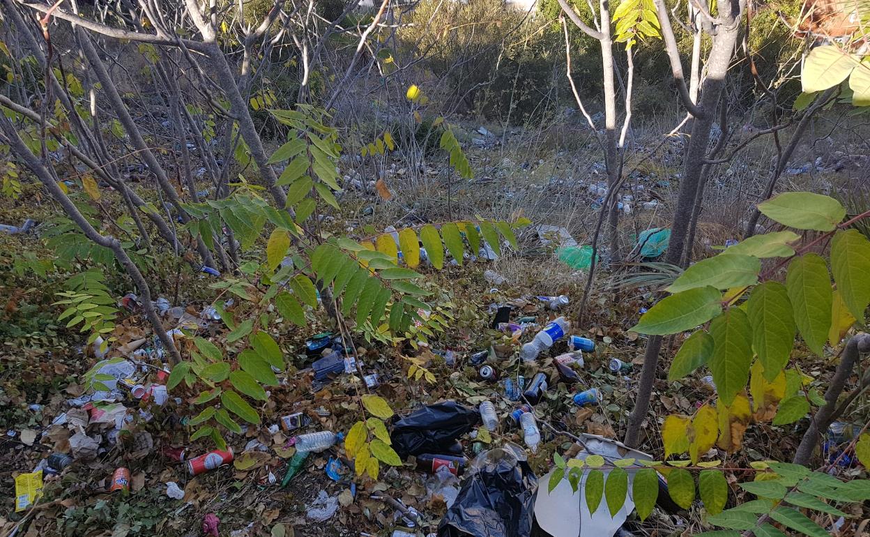 Vistas de la basura en la ladera 