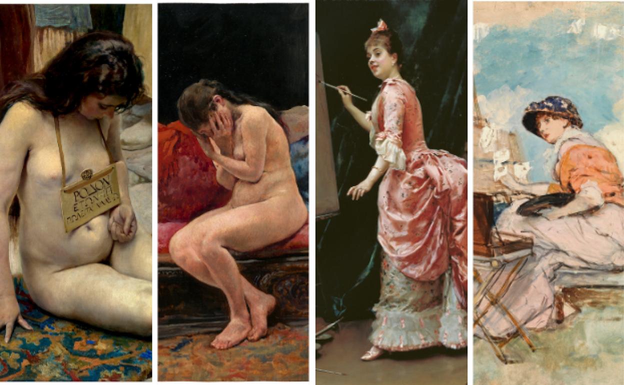 Detalle de las obras de José Jiménez, Raimundo de Madrazo y Vicente Palmaorila expuestas en el Prado. 