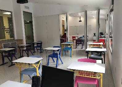 Imagen secundaria 1 - Arriba, un aula del IES Mediterráneo, con la mitad de alumnos que acuden a clase en días alternos. Debajo, un aula modular en el colegio El Pinar. A la derecha, clase al aire libre en Novaschool. 