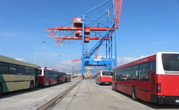 Los vehículos, aparcados a pie de muelle antes del embarque. 