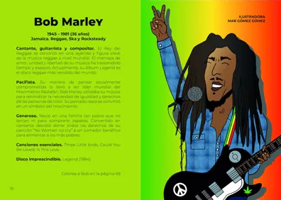 Imagen secundaria 1 - Fichas de Amy Winehouse y Bob Marley, y la versión para colorear de la cantante.