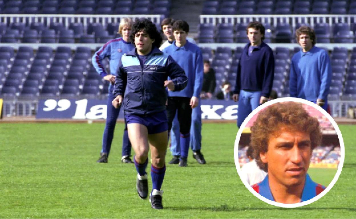 Maradona, en un entrenamiento cuando era jugador del Barcelona con Esteban Vigo al fondo a la derecha.