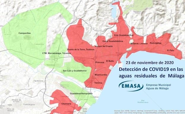 Mapa de presencia del Covid-19 en la red de saneamiento de Málaga capital. 