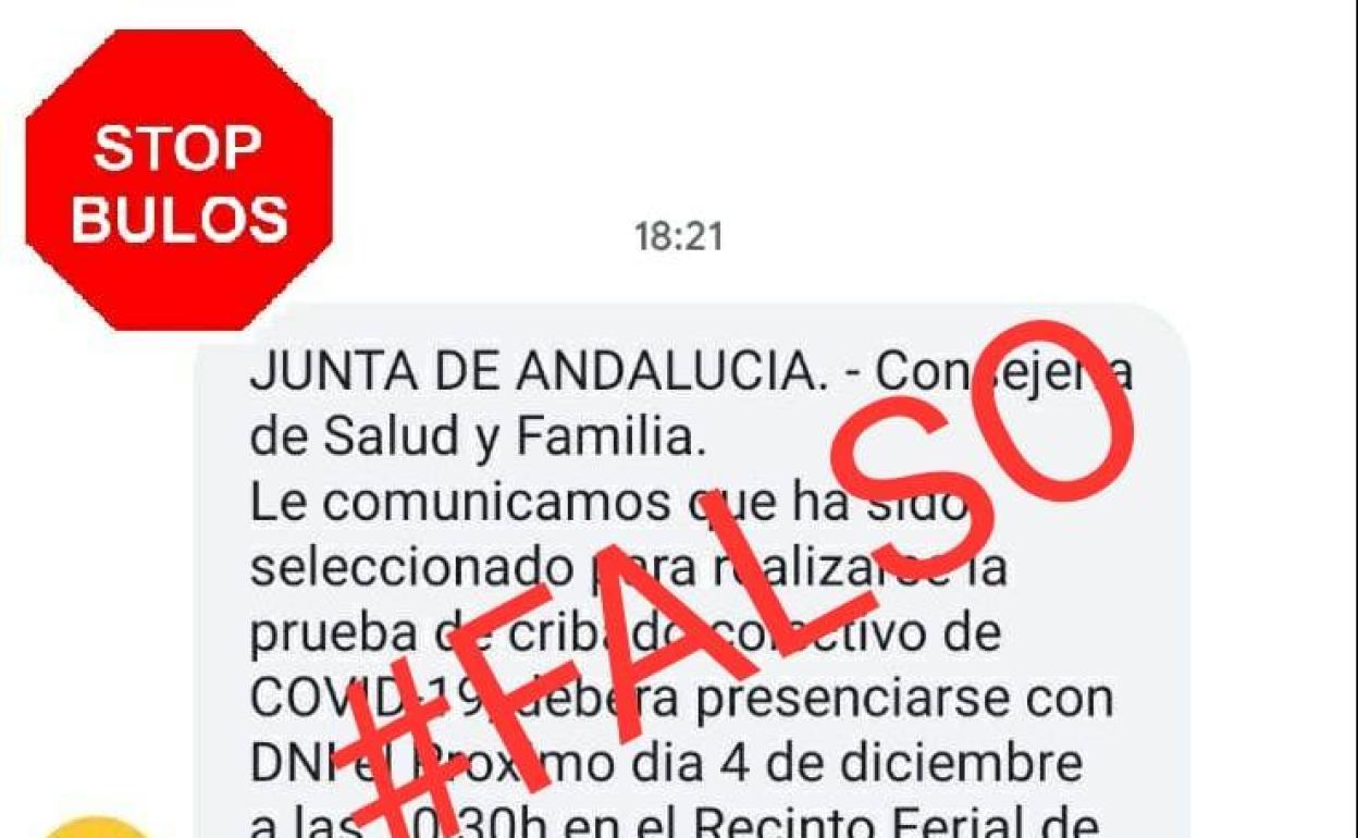 Si te llega este mensaje, es un bulo: el falso aviso de la Junta para un cribado masivo por el coronavirus