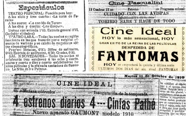 Recortes de la prensa malagueña en 1910 que informa de los estrenos franceses y europeos en los cines de la capital. 