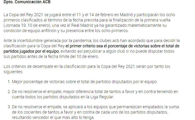 El comunicado de la ACB del 15 de diciembre. 