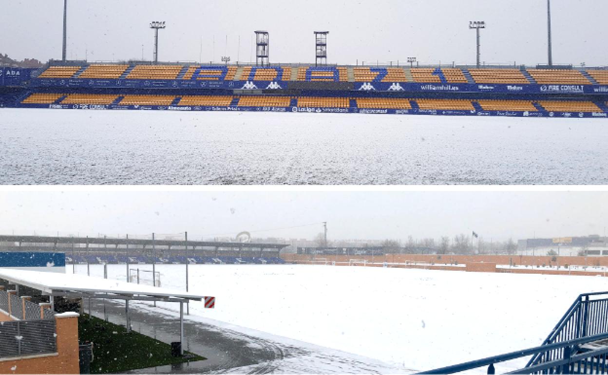 Arriba, estadio Santo Domingo del Alcorcón. Abajo, ciudad deportiva del Leganés.