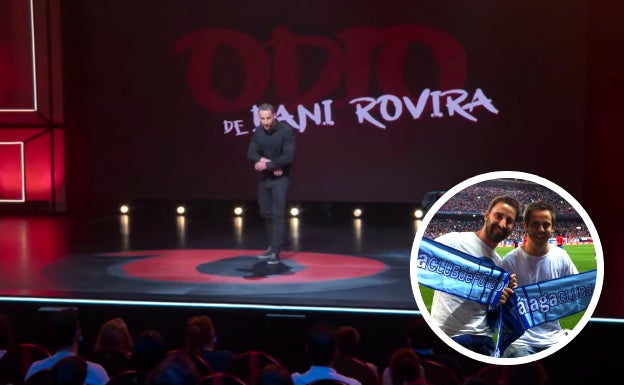 Caputra del último monólogo de Dani Rovira, 'Odio', en Netflix. En el círculo, una imagen de Rovira (i) con su amigo y también cómico malagueño Tomás García, viendo un partido del Málaga en el Vicente Calderón en 2012. 