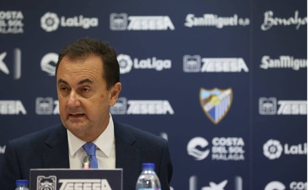 José María Muñoz, en la sala de prensa de La Rosaleda. 