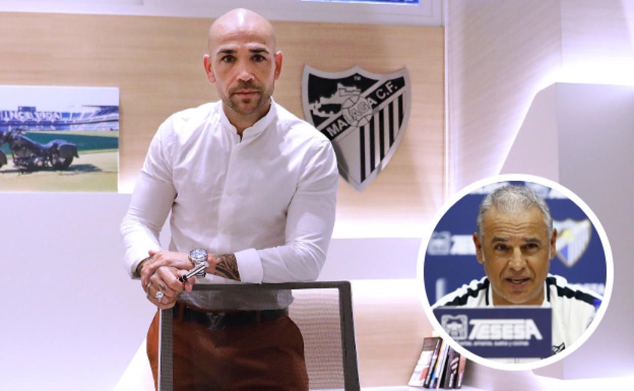 El director deportivo del Málaga, Manolo Gaspar, posa en su despacho de La Rosaleda para este periódico en una entrevista realizada el año pasado. En el círculo, Sergio Pellicer, entrenador del equipo.