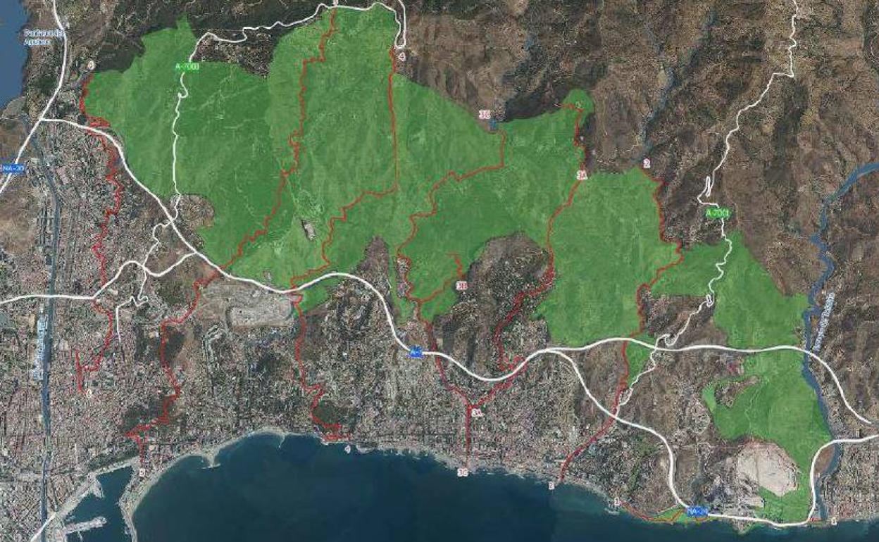 Mapa del anillo verde proyectado por el OMAU para la zona deste de Málaga. 