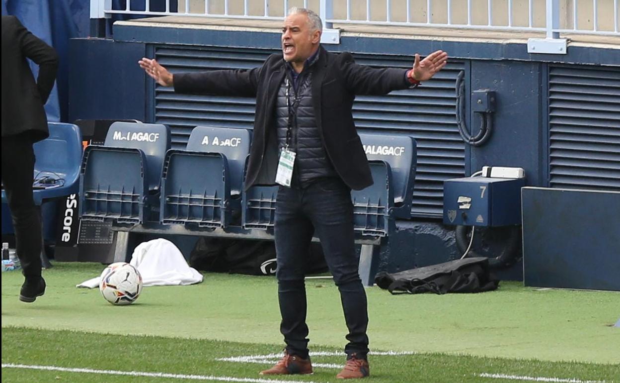 El entrenador del Málaga, Pellicer, da indicaciones desde el área técnica de La Rosaleda en el partido contra el Sabadell.