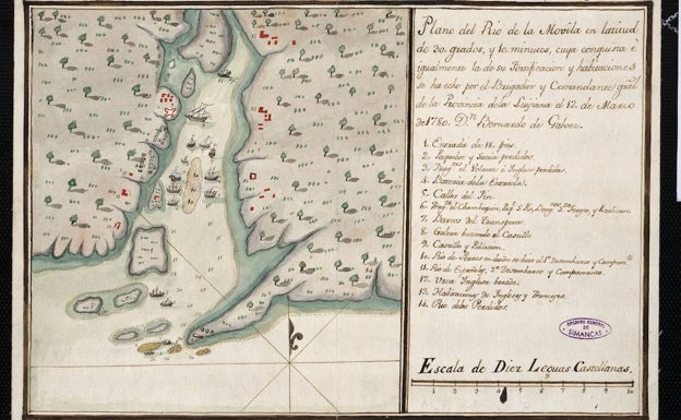 Mapa contemporáneo del desembarco en La Mobila liderado por Bernardo de Gálvez en 1780.